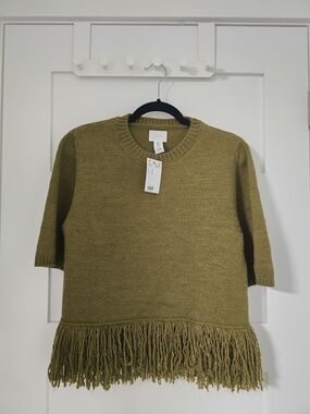 H&M Olive Green Crewneck Fringe Short-Sleeve Sweater